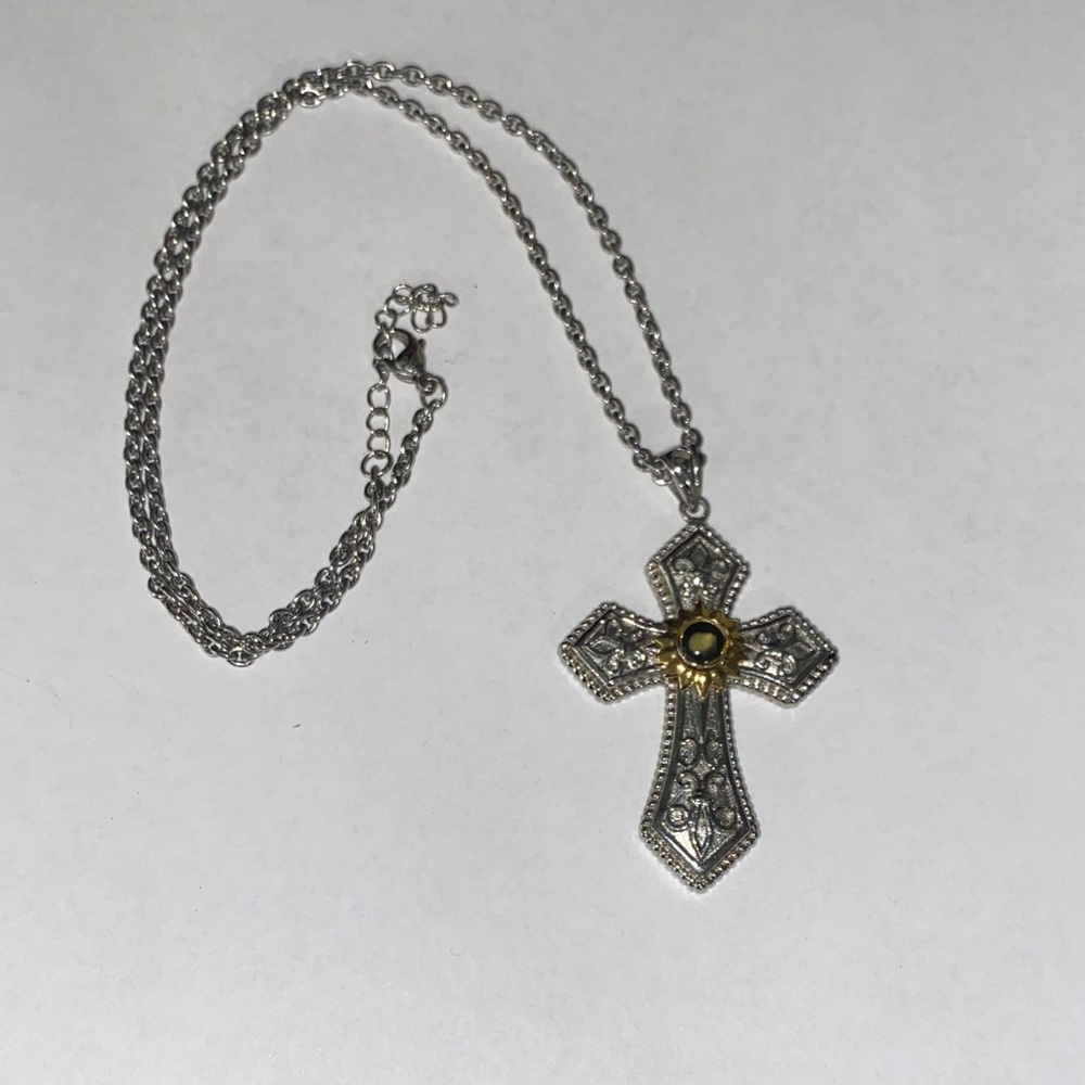 Elegant Nativity Stone Silver and Gold Cross Pendant Necklace